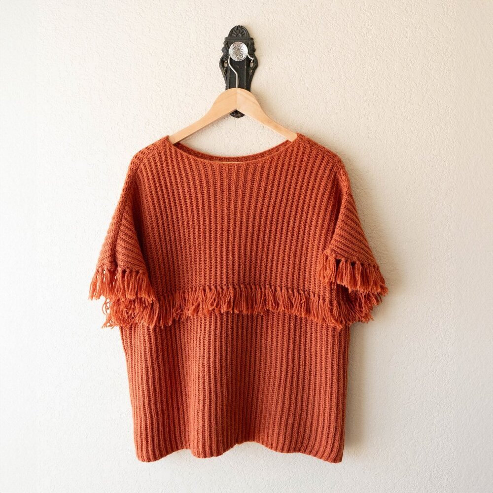 Chelsea & Violet Fringe Sweater Size Large Rust Orange Wool Blend Pullover Fall - Picture 7 of 8